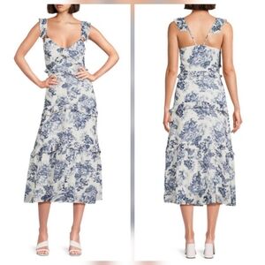 OPT Dress Womens XL Blue White Floral Ruffle Ingrid Tiered Boho Shower Guest